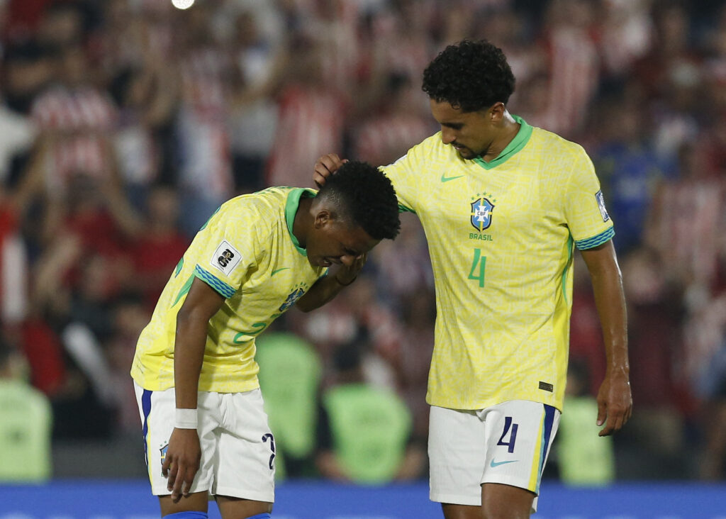 Soccer Football - World Cup - South American Qualifiers - Paraguay v Brazil - Estadio Defensores del Chaco, Asuncion, Paraguay - September 10, 2024 Brazil's Marquinhos and Estevao look dejected after the match REUTERS/Cesar Olmedo